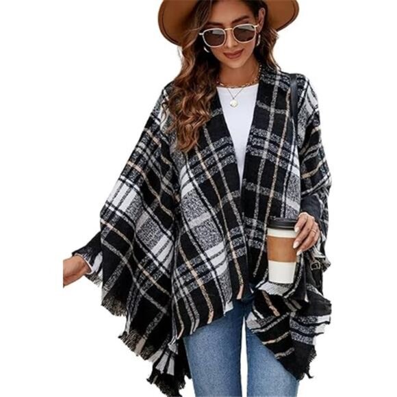 Women Boho Buffalo Plaid Poncho Pashmina Shawl Wrap Cape Sweater Knitting - Picture 6 of 6